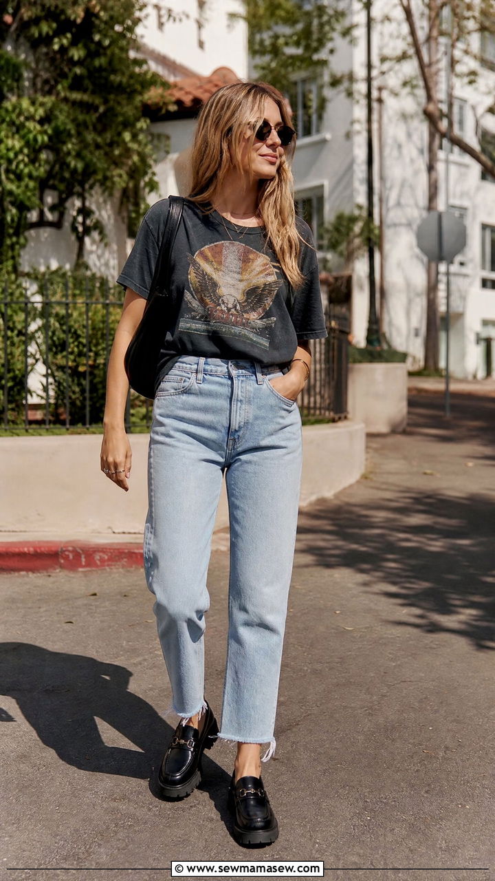 Light Wash Cropped Jeans With a Graphic Tee and Black Chunky Loafers - 30 Summer outfits with loafers