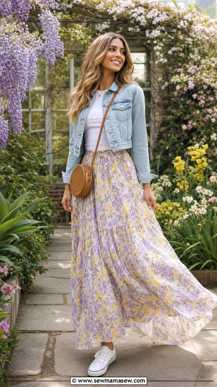 Light Wash Denim Jacket And Floral Maxi Skirt Spring Outfit - 25 Spring shopping outfits