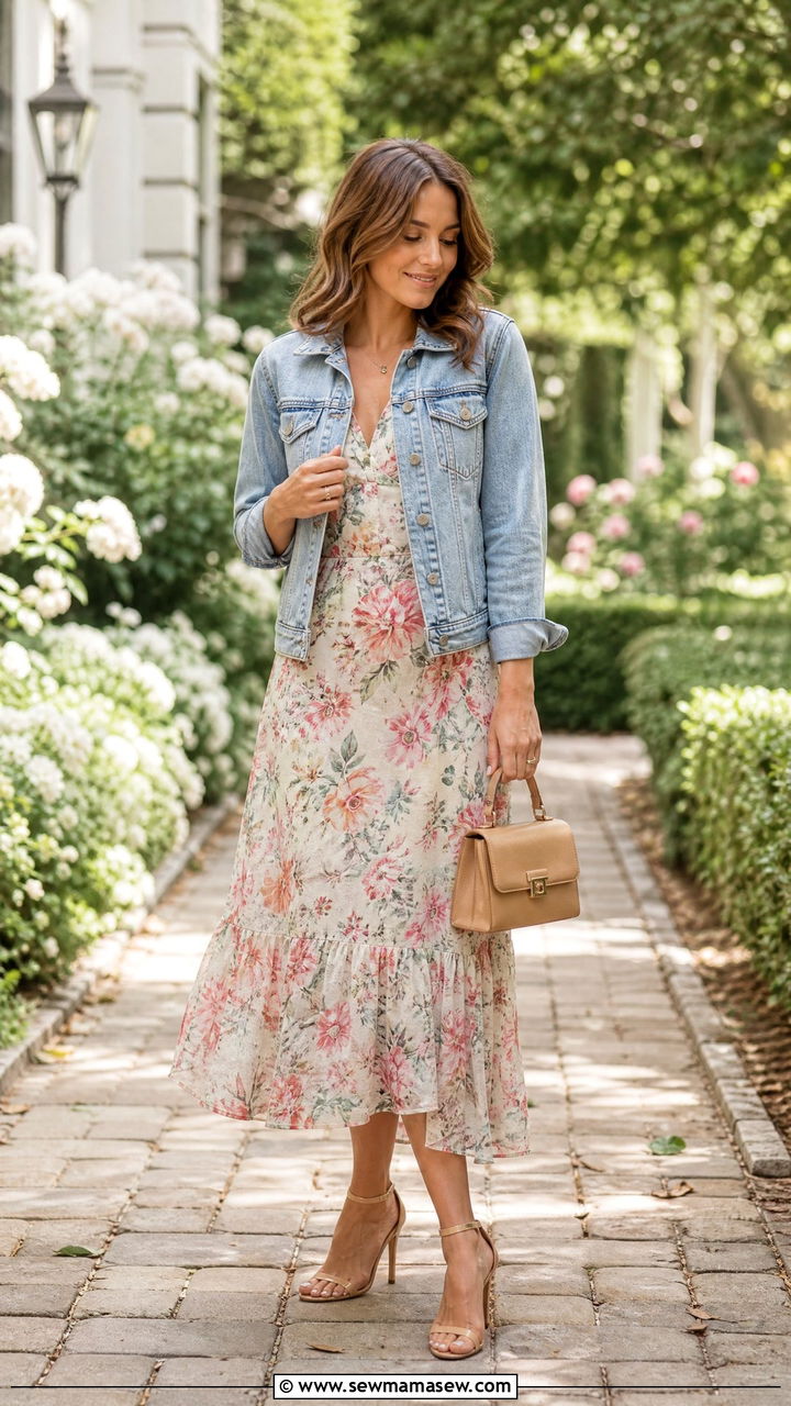 Light Wash Denim Jacket Over Floral Midi Dress - 40 Summer denim outfits
