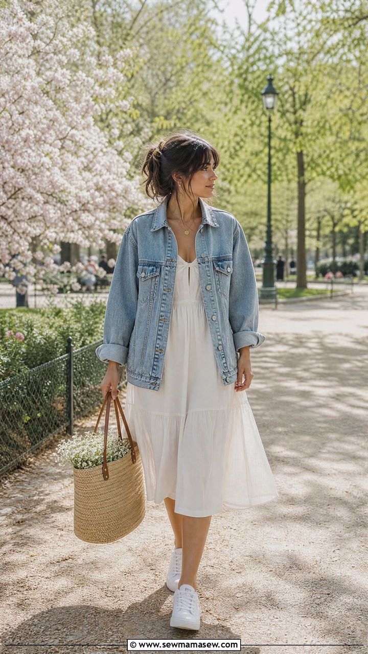 Light Wash Denim Jacket Over a White Midi Dress - 35 French girl spring outfit ideas