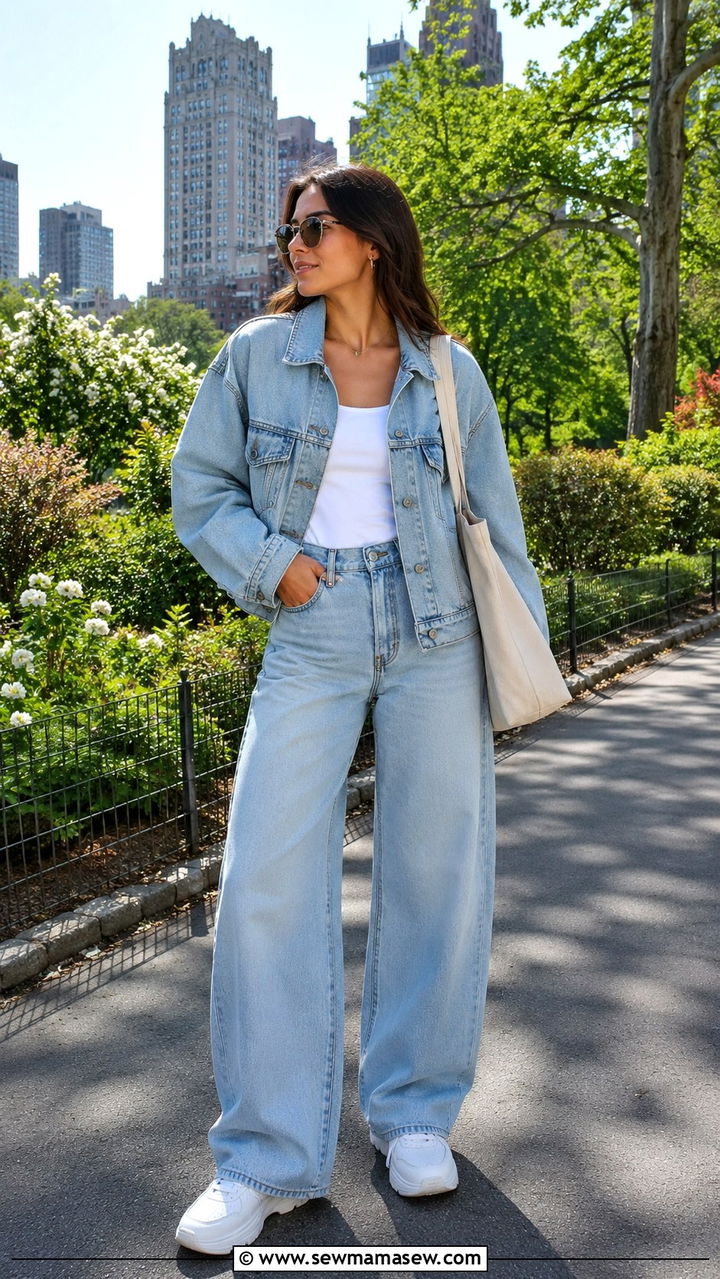 Light Wash Denim Jacket With Matching Wide Leg Jeans - 30 Spring city outfits