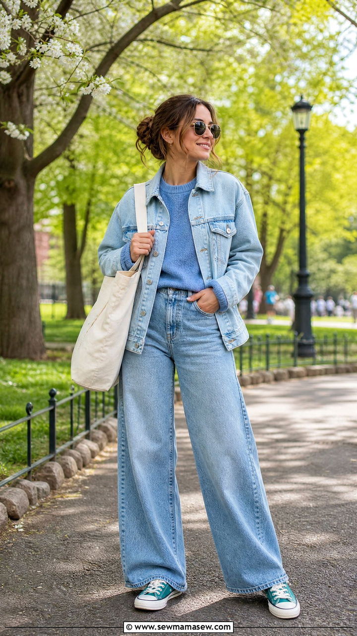 Light Wash Denim Jacket With Soft Blue Knit and Wide Leg Jeans - 25 Laid back spring outfit ideas 2026