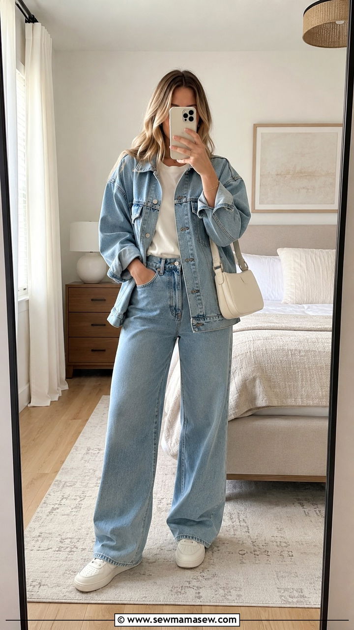 Light Wash Denim Jacket with Wide Leg Jeans and Cream Accessories - 30 Spring outfits in neutral