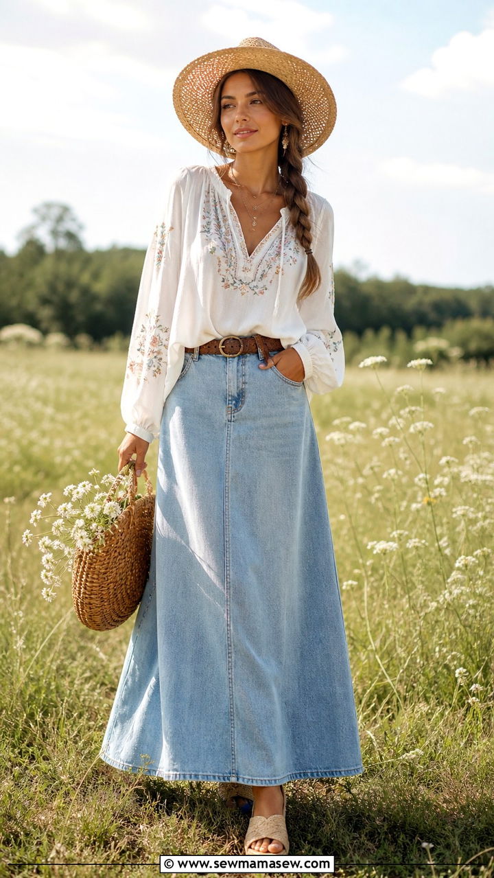 Light Wash Denim Maxi Skirt With Peasant Blouse - 40 casual denim skirt outfits