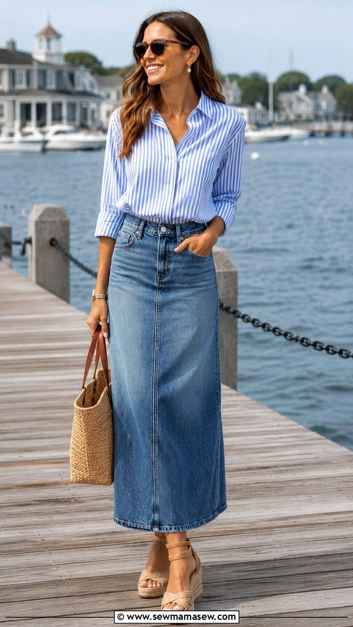 Light Wash Denim Maxi Skirt with White Tank Top and Sneakers - 30 Spring outfits with denim skirts