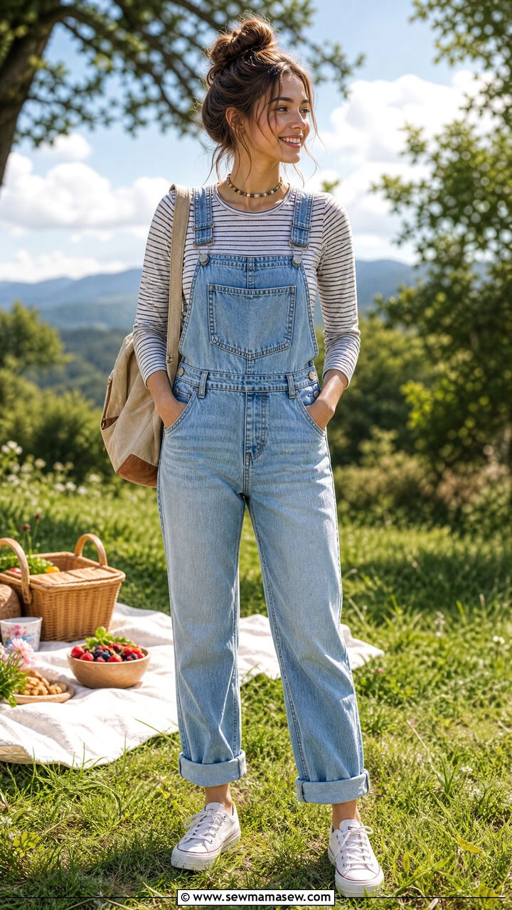 Light Wash Denim Overalls with Striped Tee - 35 Hippie outfit ideas
