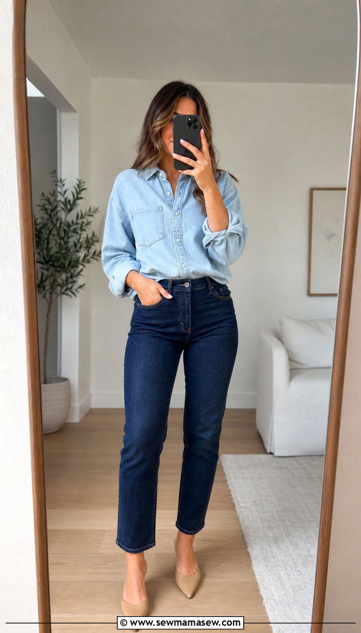 Light Wash Denim Shirt With Dark Wash Jeans - 35 Canadian tuxedo outfit ideas