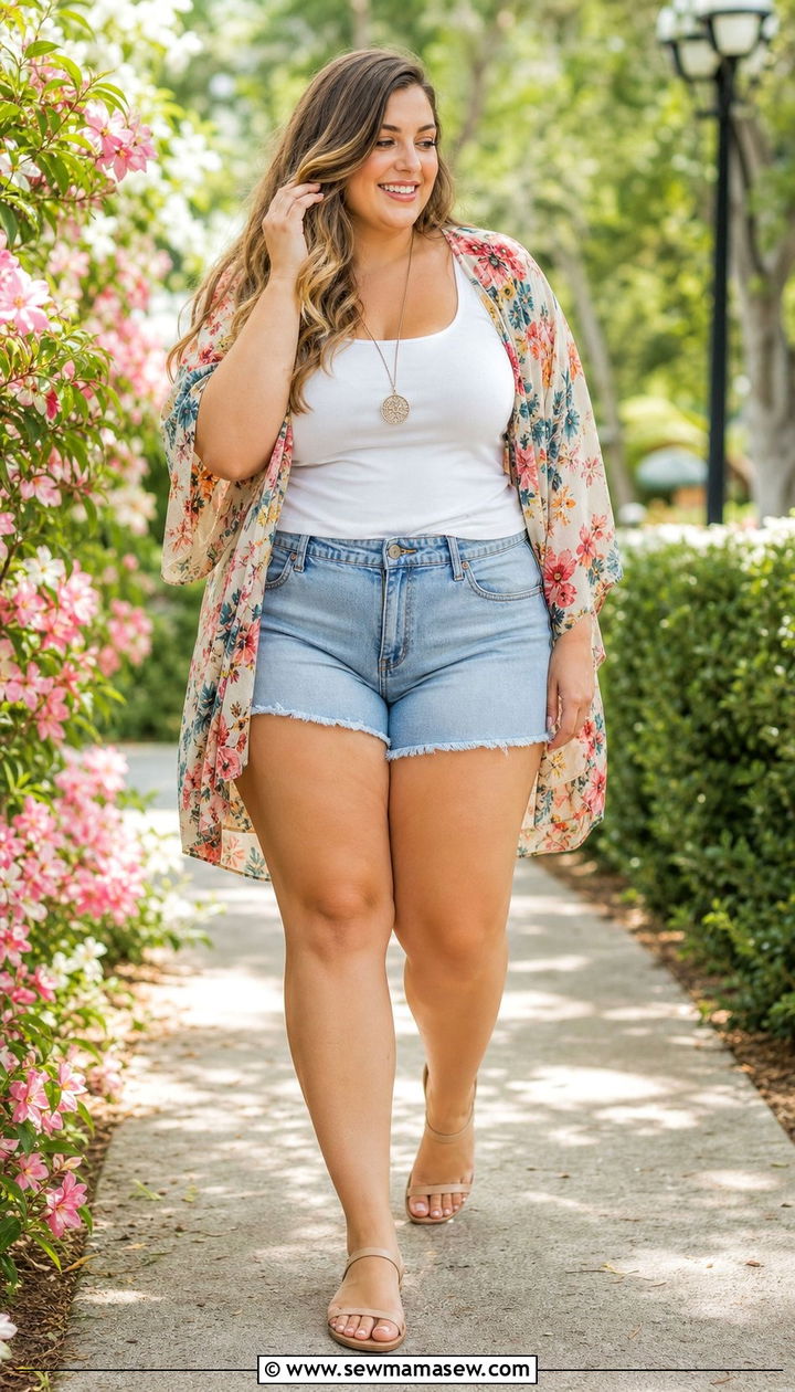 Light Wash Denim Shorts with Floral Kimono - 25 Denim shorts outfit ideas plus size