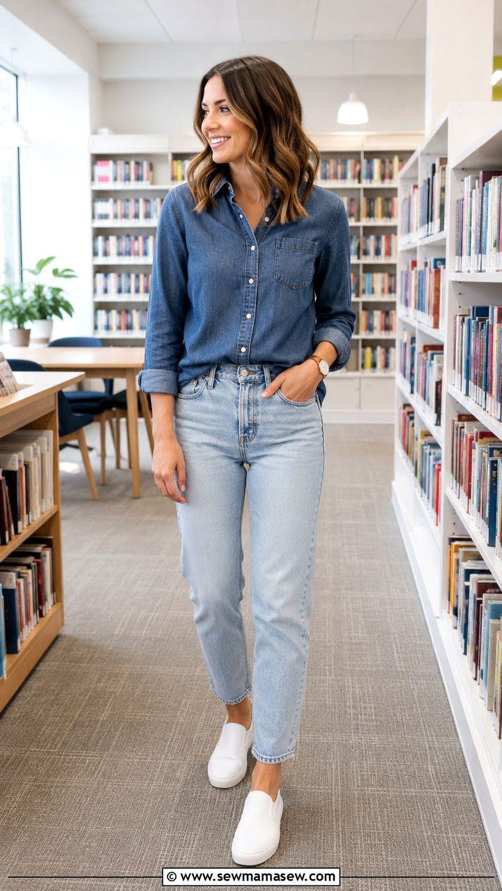 Light Wash Jeans With Chambray Shirt And Sneakers - 30 Teacher outfits with jeans
