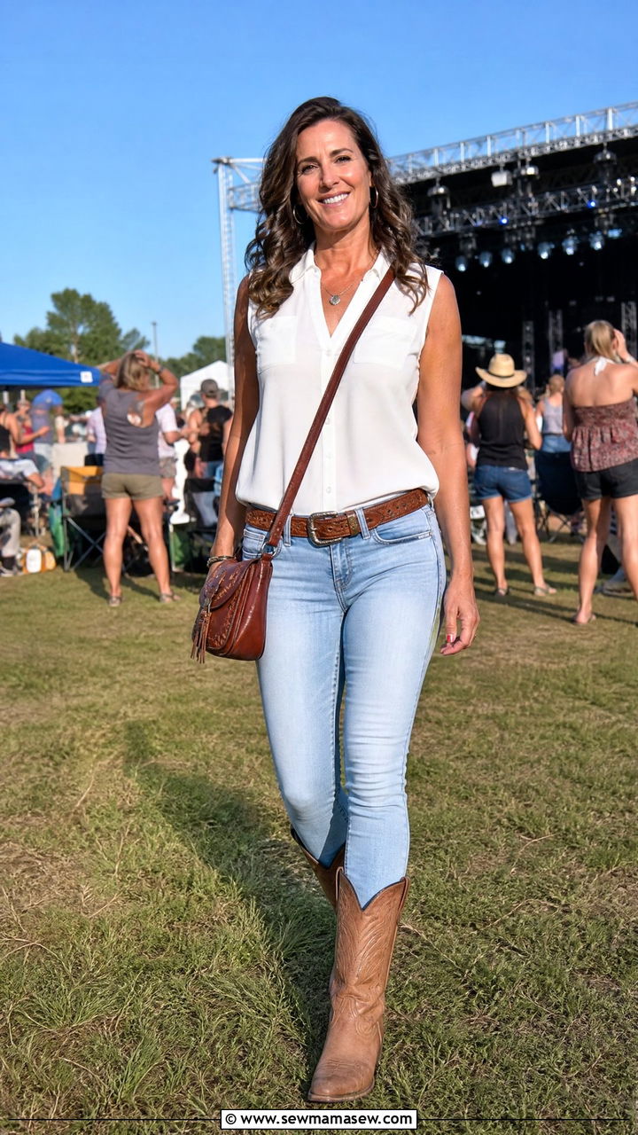 Light Wash Jeans With White Button Down Concert Outfit - 30 Concert outfits for women over 40