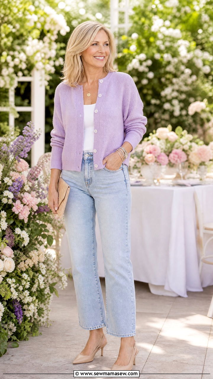 Light Wash Jeans and Pastel Cardigan With Nude Slingback Heels - 35 Jeans and heels outfit ideas over 40