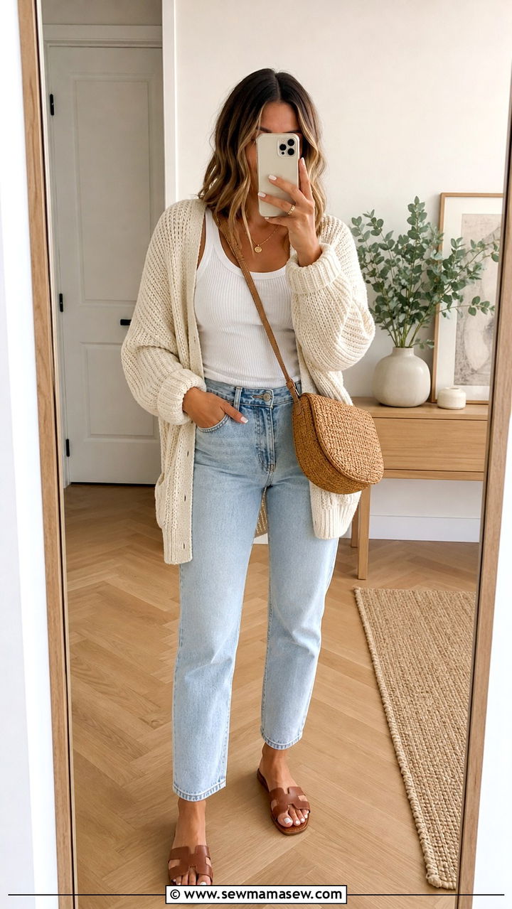 Light Wash Jeans and Ribbed Tank with Oversized Cardigan Outfit - 40 running errands outfit ideas
