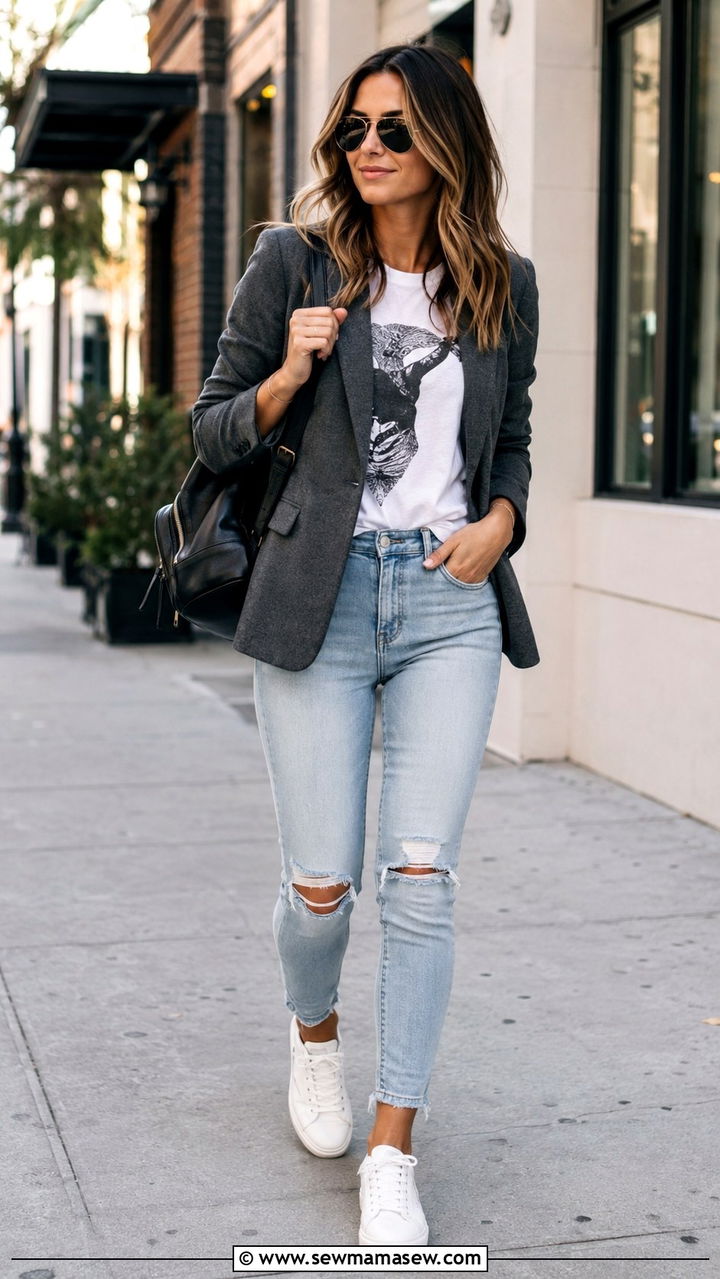 Light Wash Ripped Skinny Jeans with Blazer Outfit - 30 Skinny jeans outfit ideas with a blazer
