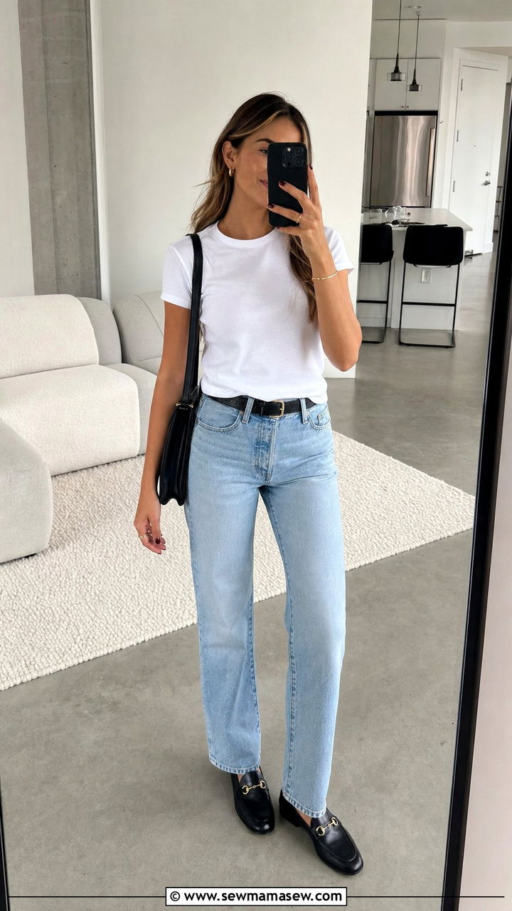 Light Wash Straight Leg Jeans and White Pima Cotton Crew Neck Tee Outfit - 25 Summer minimalist outfits 2026