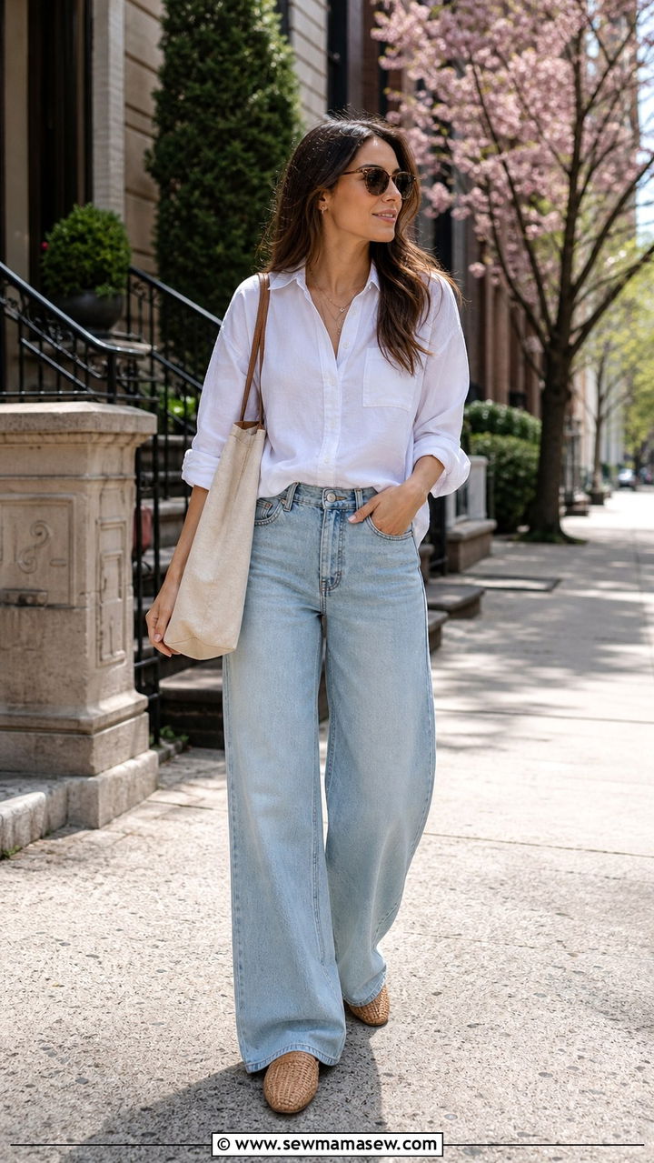 Light Wash Wide Leg Jeans With A White Button Down And Woven Loafers - 40 Spring outfit ideas