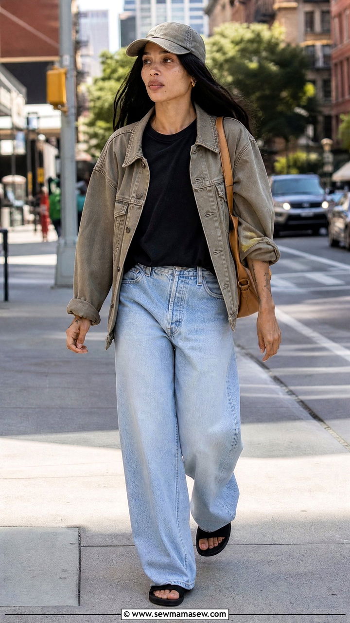 Light Wash Wide Leg Jeans With Oversized Black Tee - 20 Zoe Kravitz spring outfit ideas