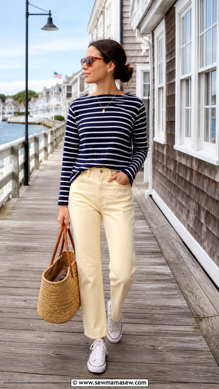 Light Yellow Jeans With Navy Striped Top And Canvas Shoes - 40 Colored jeans outfit ideas