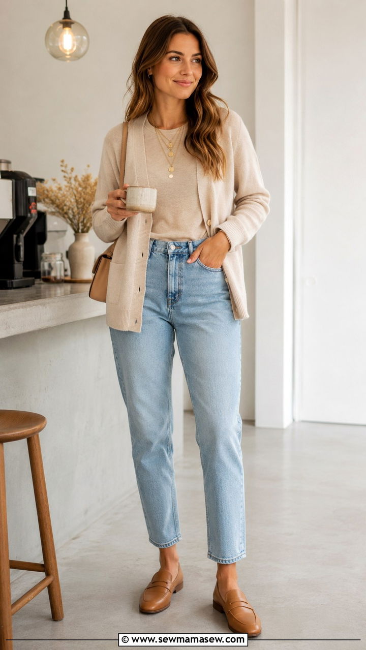Light beige cardigan with pale denim - 30 Spring outfits with cardigan