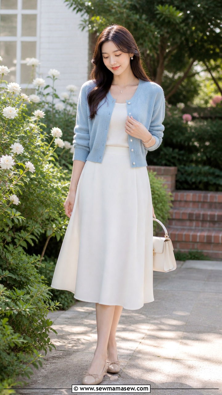 Light blue cardigan with white midi skirt outfit - 40 Blue and white outfit ideas