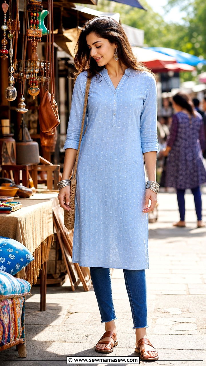 Light blue cotton kurti with slim jeans and leather sandals - 40 Western summer outfits