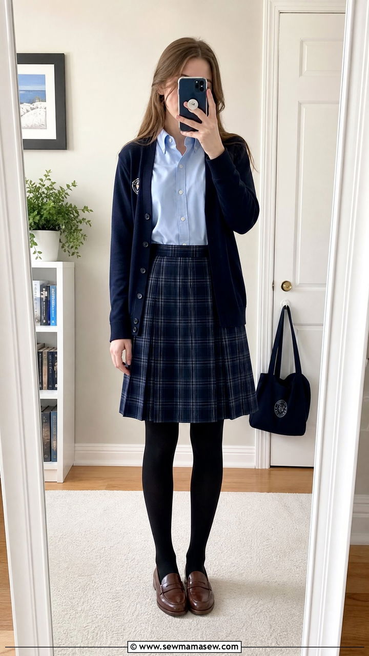 Light blue oxford with navy cardigan plaid skirt - 25 Catholic school outfit ideas teens