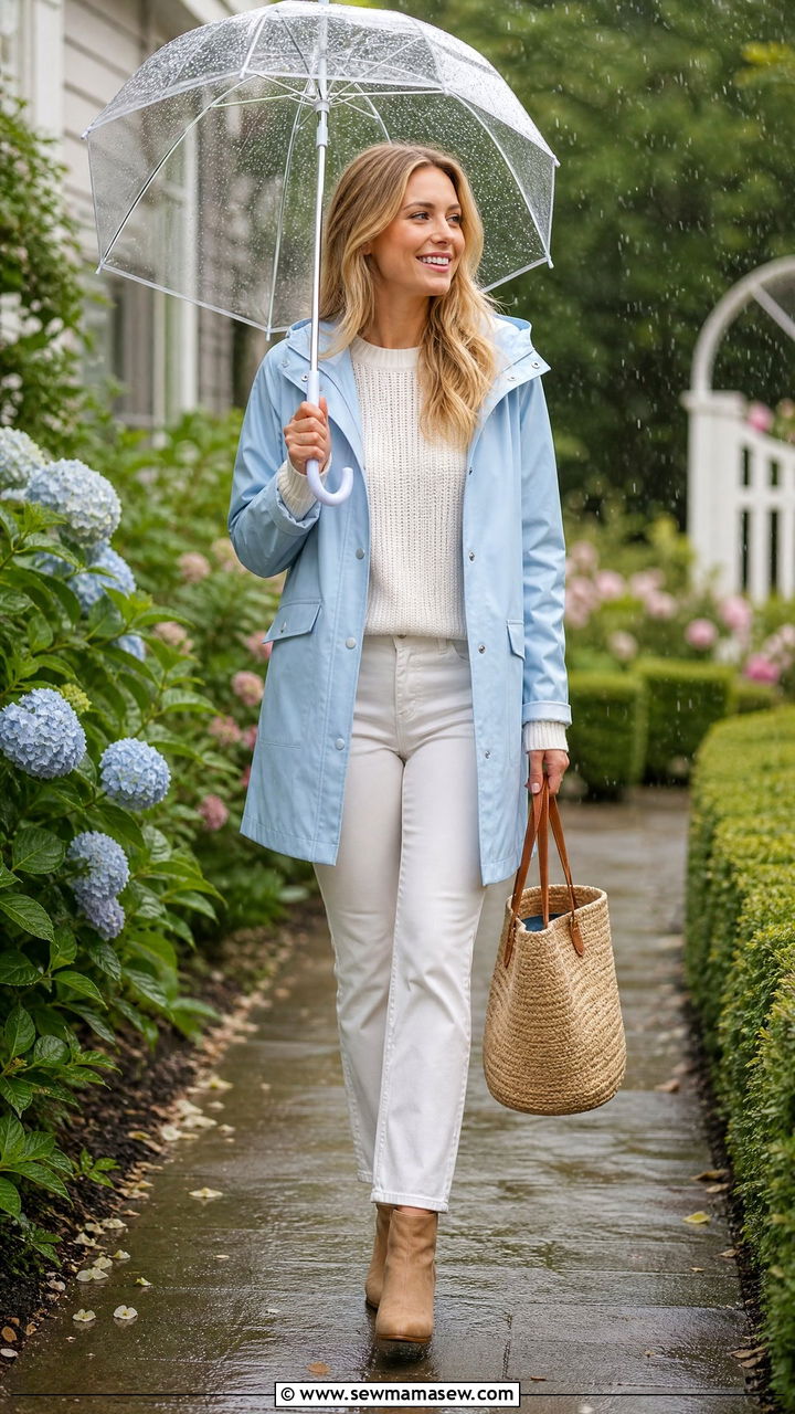 Light blue raincoat with white jeans - 25 spring rainy day outfit ideas