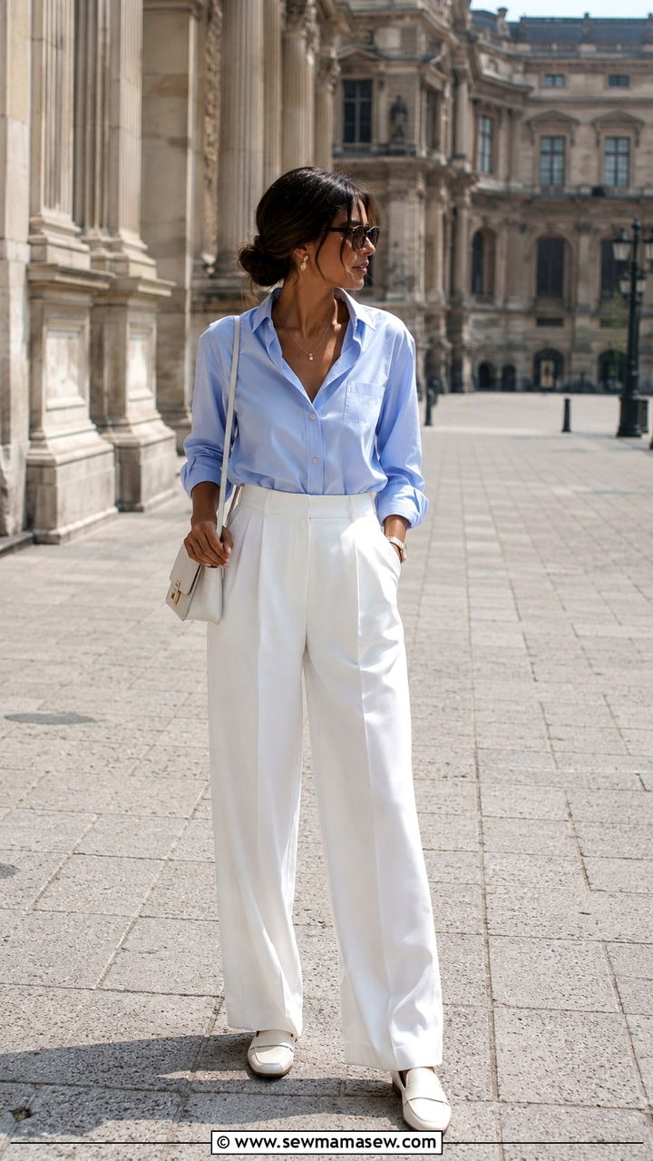 Light blue shirt with white wide leg trousers and white loafers - 30 spring city break outfit ideas