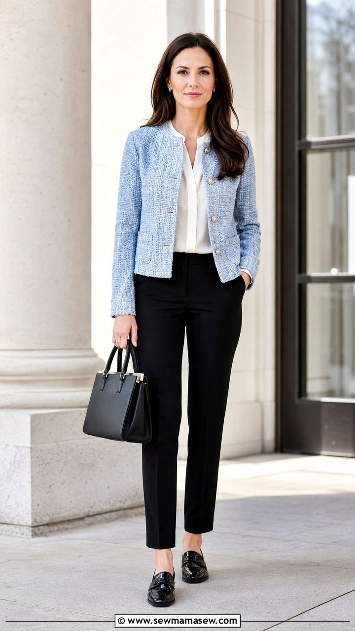 Light blue tweed jacket with black pants outfit - 30 Law firm outfit ideas