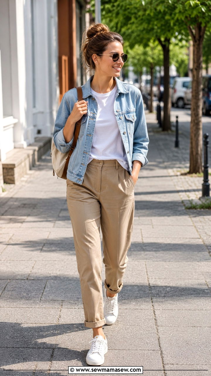 Light denim jacket with white tee and khaki trousers - 30 Spring minimalist outfits 2026