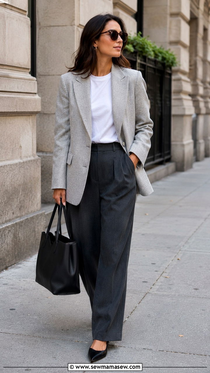 Light gray blazer with white tee and pleated trousers - 30 Spring minimalist outfits 2026