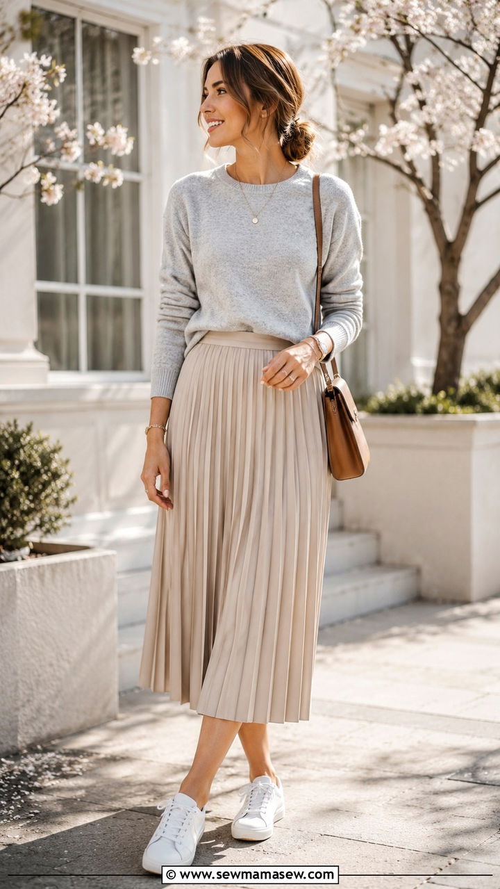 Light gray knit sweater and pleated midi skirt with sneakers - 30 Spring minimalist outfits 2026