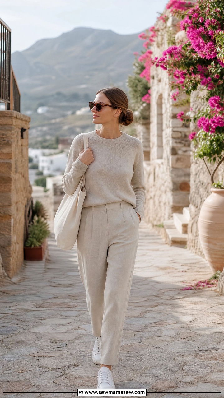 Light knit sweater and linen pants outfit - 25 Greece spring outfit ideas