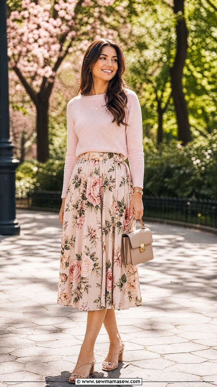 Light knit sweater with flowy midi skirt - 20 Spring outfits for 60-70 degree weather
