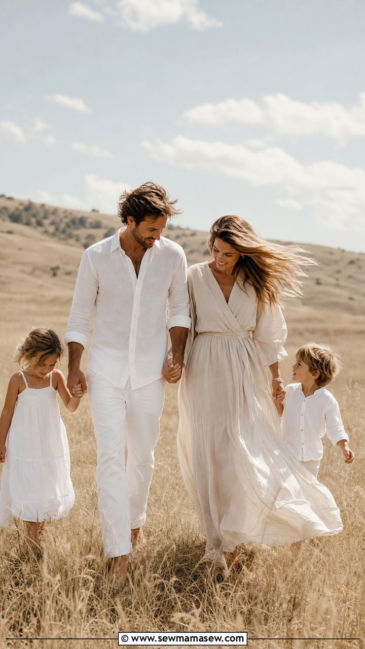 Light neutral flowing dress family photo - 25 family photo outfits 2026