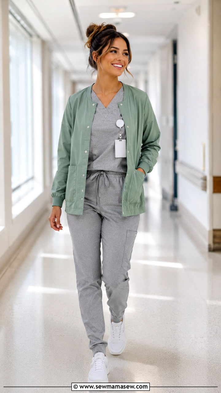 Light scrub jacket layered outfit - 30 Spring nurse outfits