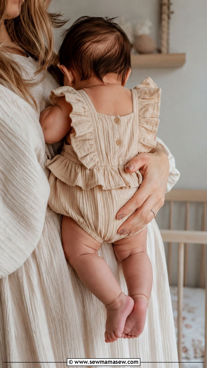 Light tan ruffle romper newborn photo outfit - 20 Newborn lifestyle photo outfit ideas