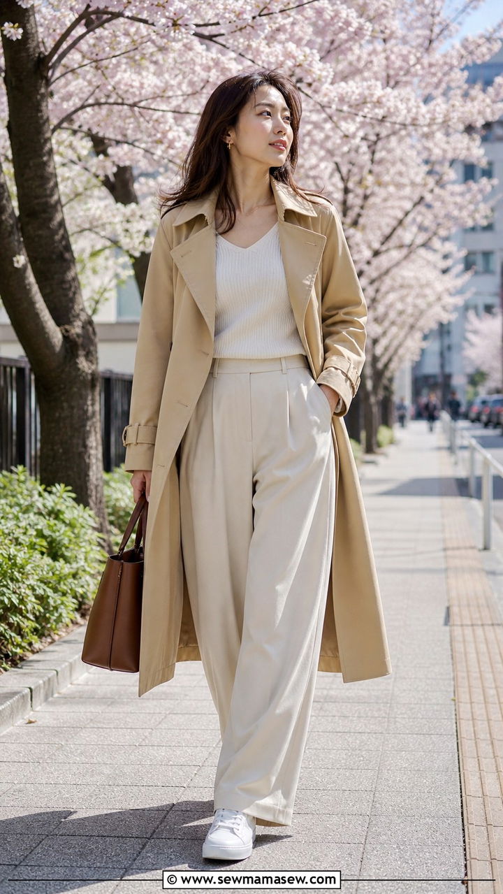 Light trench coat and wide leg trousers for spring layering - 40 What to wear in Tokyo