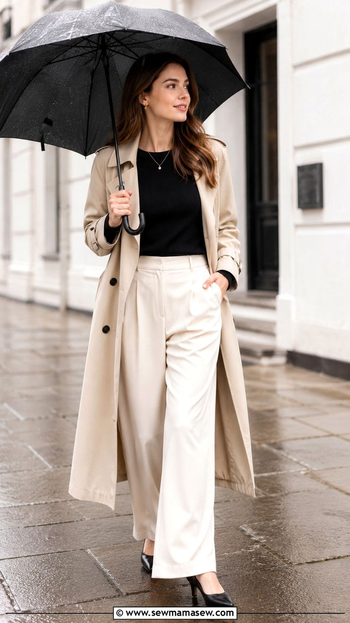 Light trench coat over wide leg trousers interview - 25 seasonal job interview outfit ideas