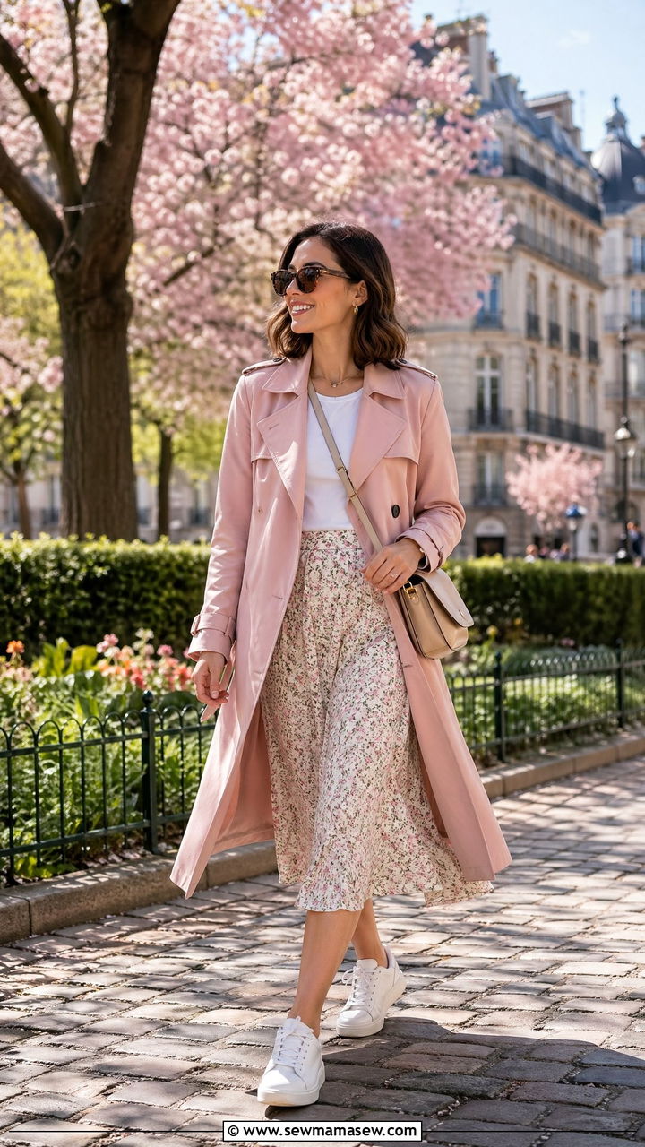 Light trench coat with a floral midi skirt and white sneakers spring city break outfit - 35 Europe travel outfits for women