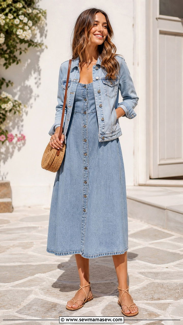 Light wash denim jacket over a denim midi dress - 40 Denim on denim outfit ideas