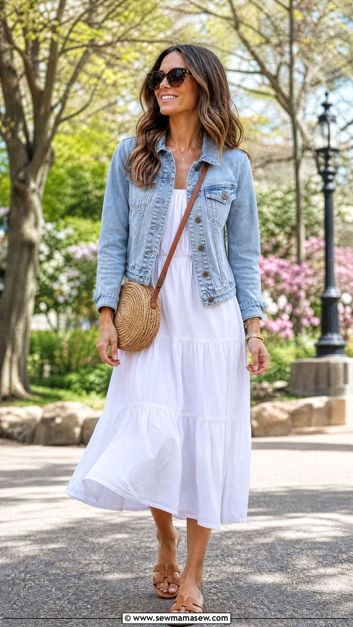 Light wash denim jacket over a white midi sundress - 30 Denim and white outfit ideas