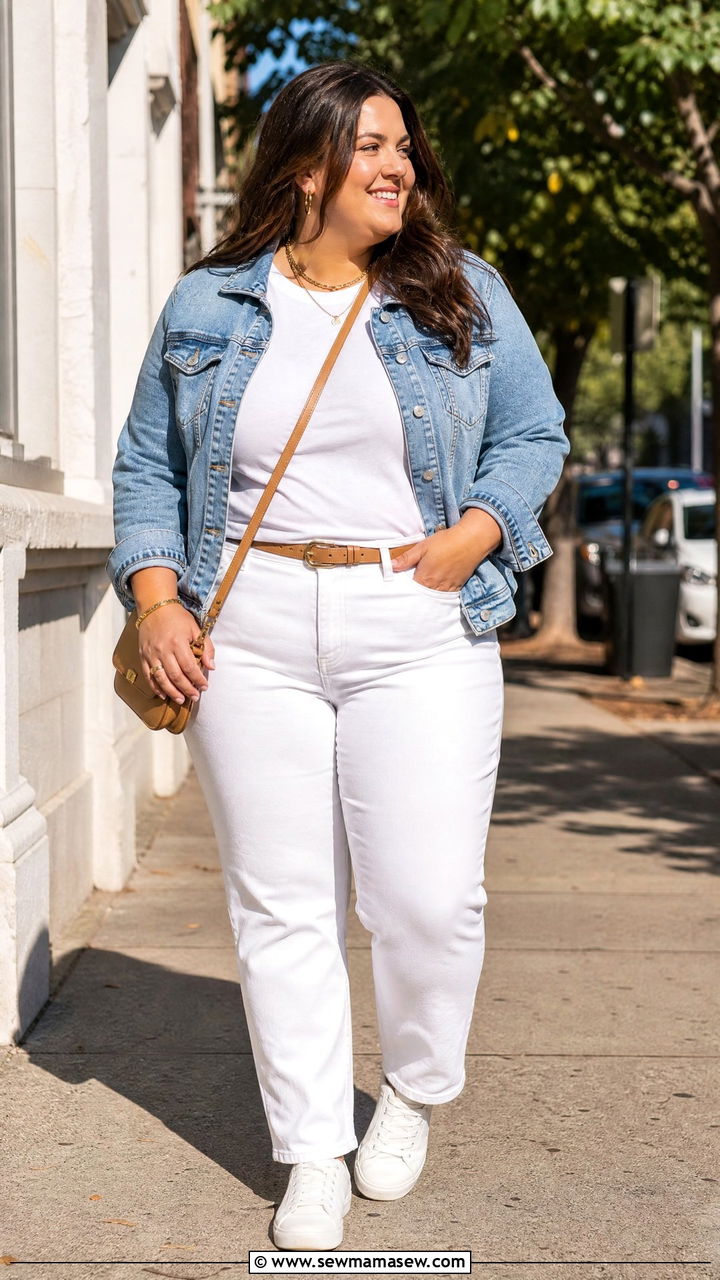 Light wash denim jacket with a white crewneck and white jeans - 30 Clean girl outfit ideas plus size