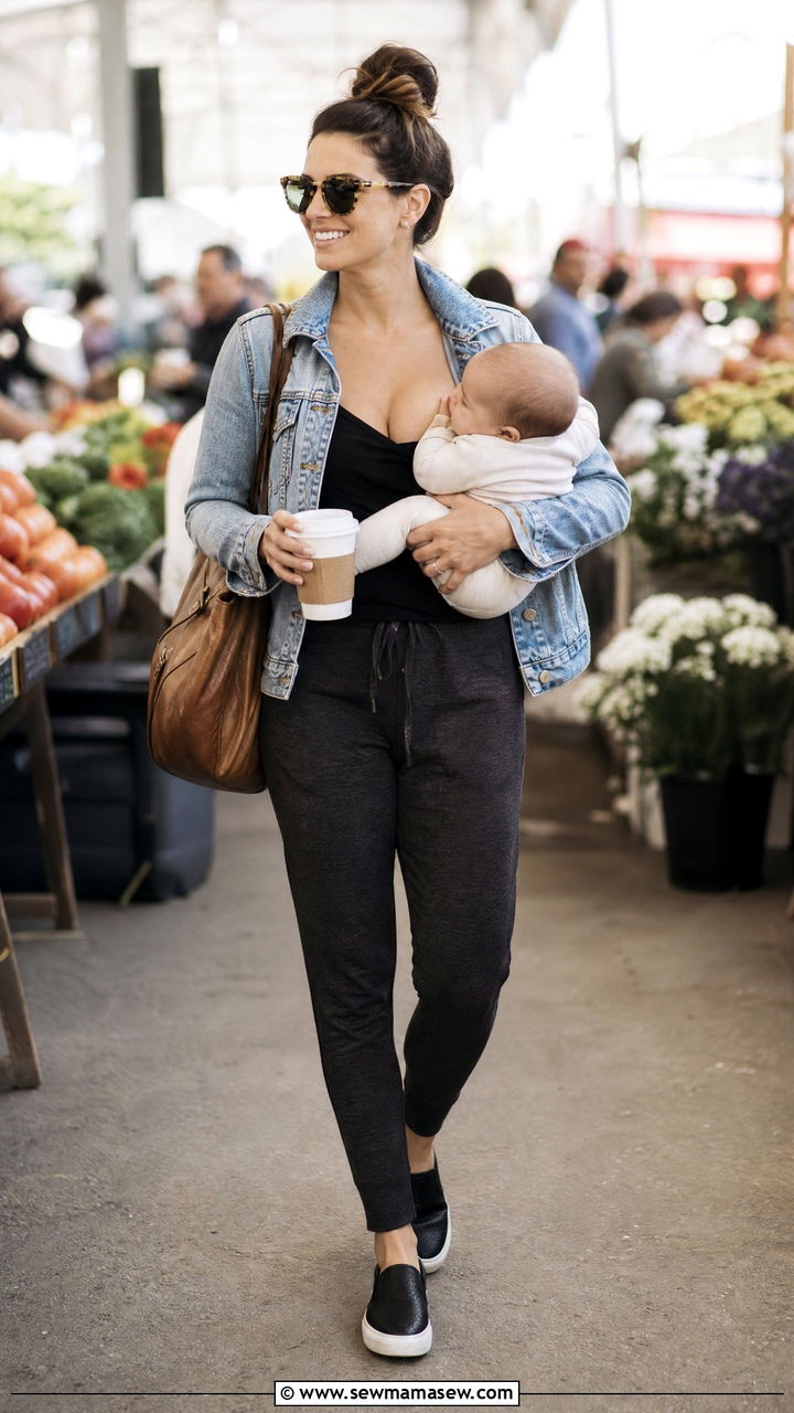 Light wash denim jacket with black nursing cami and joggers - 20 4th trimester outfit ideas