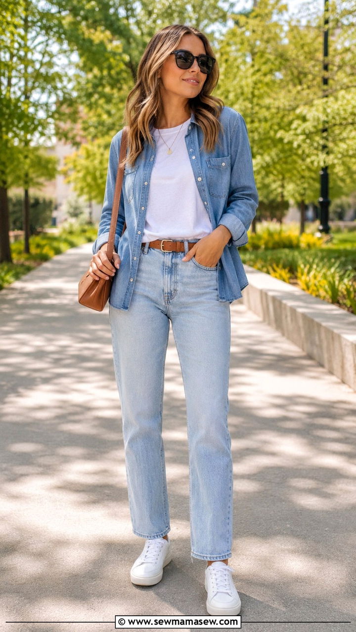 Light wash denim on denim outfit - 30 Light wash jeans outfit ideas