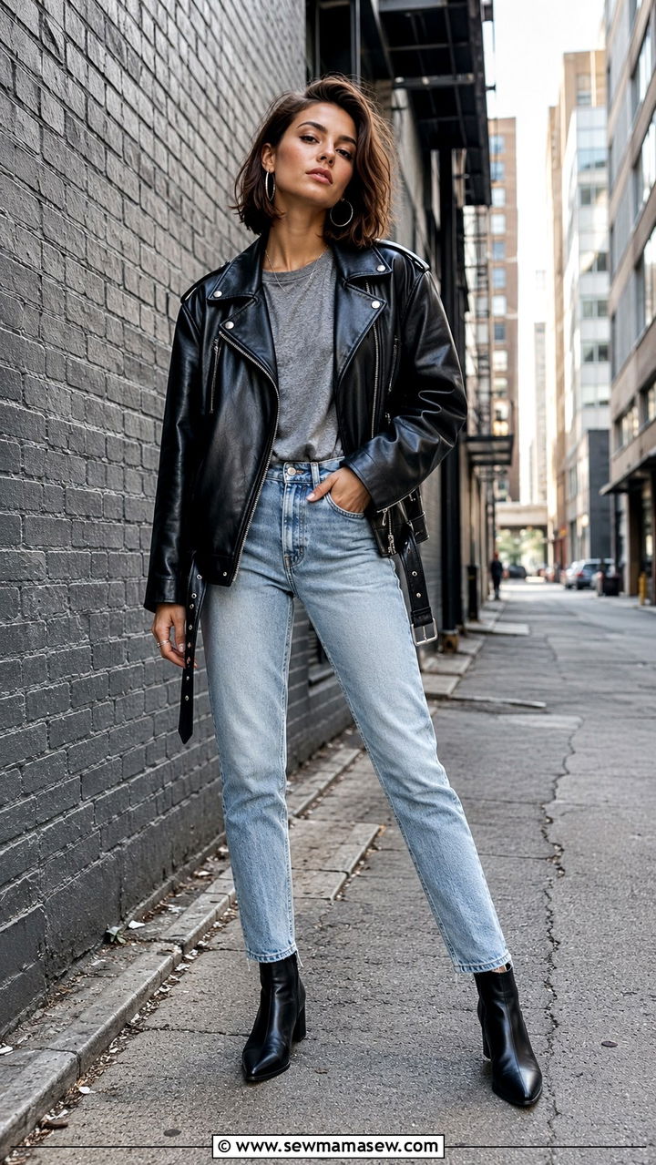 Light wash jeans and black leather jacket - 30 Light wash jeans outfit ideas