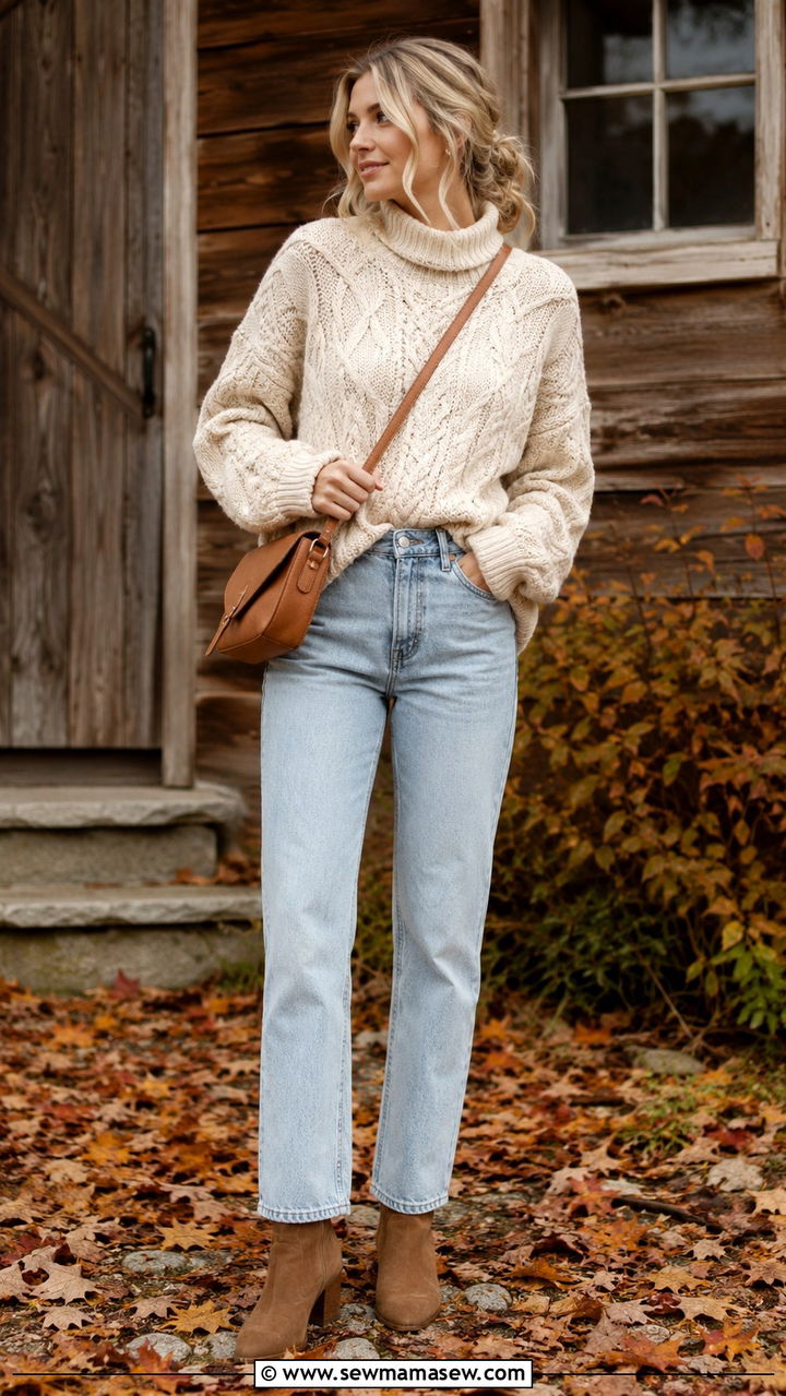 Light wash jeans and chunky knit sweater - 30 Light wash jeans outfit ideas