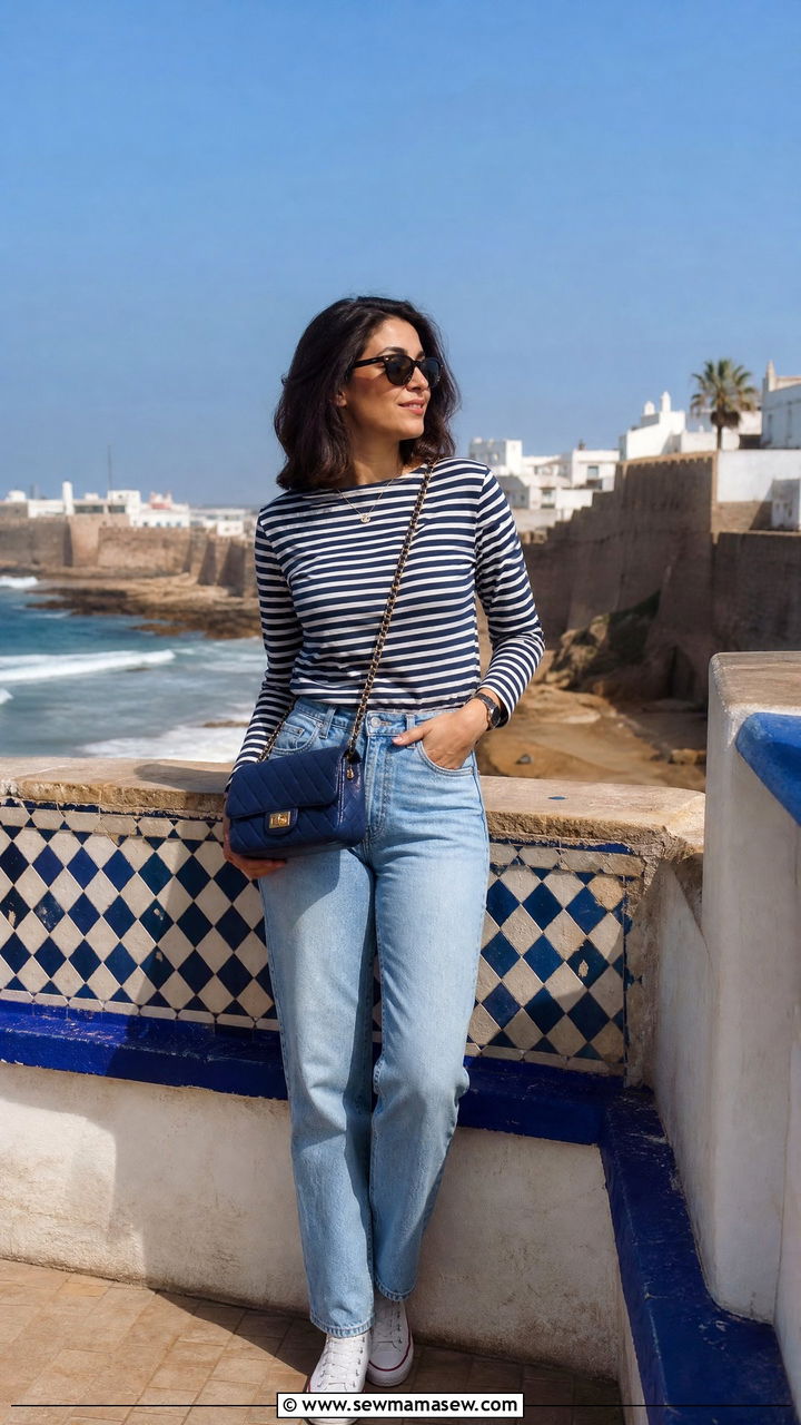 Light wash jeans with a striped boatneck top - 25 Rabat outfit ideas