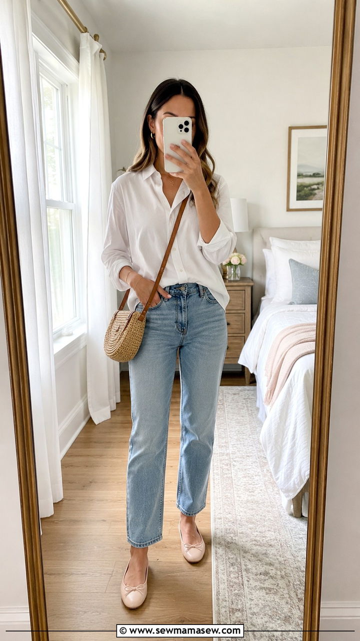 Light wash jeans with a white button down and ballet flats - 30 Spring capsule wardrobe