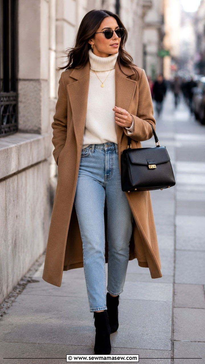 Light wash jeans with camel coat and ankle boots - 30 Light wash jeans outfit ideas