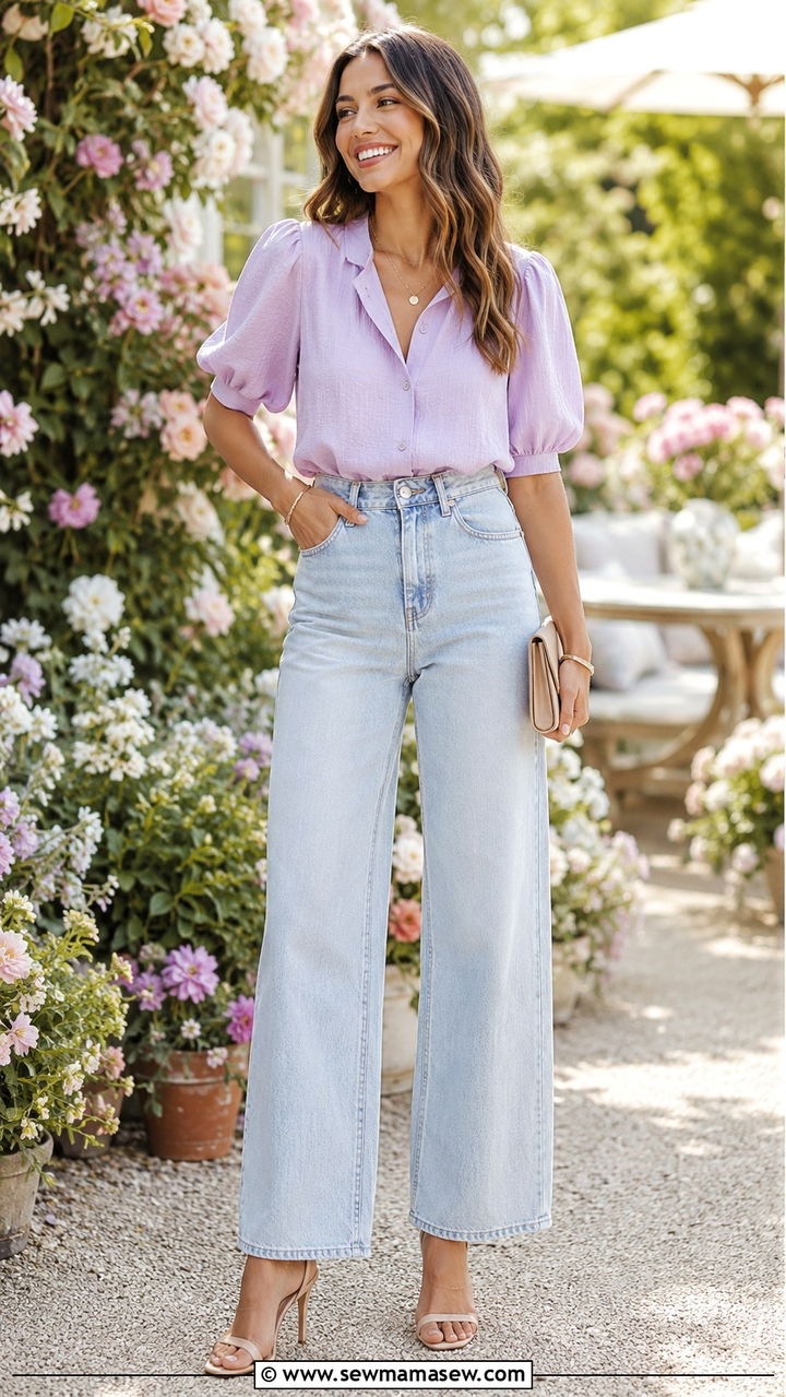 Light wash jeans with pastel blouse - 30 Light wash jeans outfit ideas